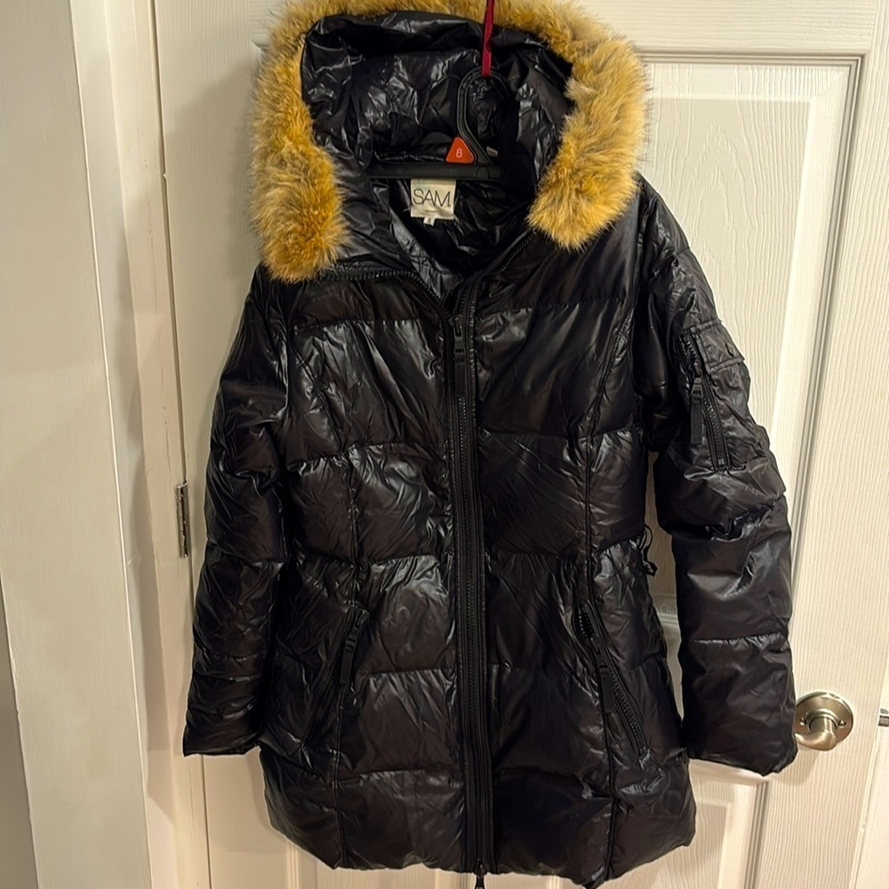 SAM coat goose down size S small black coat with fur around hood​​